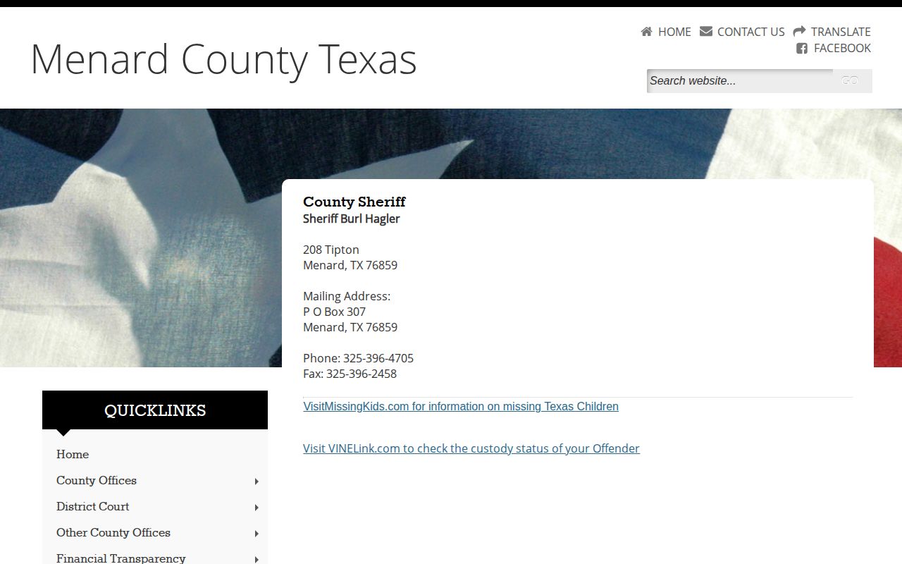 Menard County Jail release records and Sheriff contact page