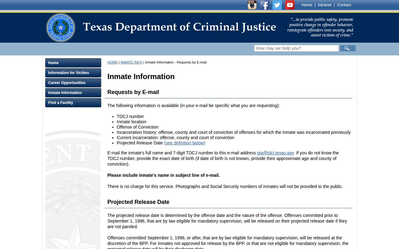 TDCJ inmate information fields and projected release definition