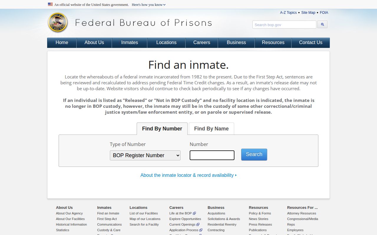 BOP federal released-person lookup for a Menard County custody handoff