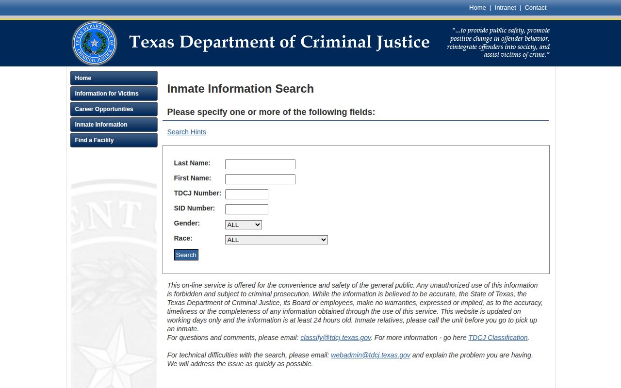 TDCJ offender search fields for Menard County state custody